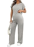 BLENCOT Women's Maternity Clothes 2 Piece Outfits Lounge Set Ribbed Knit Short Sleeve Pregnancy Set Pajama Sets Gray XL