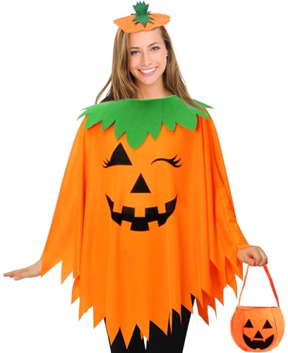 Snwquik 3 PCS Pumpkin Costume for Women, Adults Halloween Costume for Women,Pumpkin Poncho with...