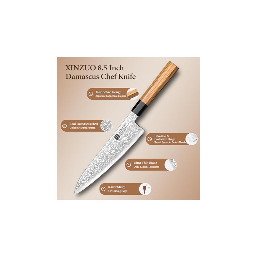 XINZUO-5-Pieces-Kitchen-Knife-Set-without-Block-Hand-Forged-67-Layers-Damascus-Steel-Professional-Chef-Knife-SetJapanese-Knife-Set-Ultra-SharpOlive-Wood-Octagonal-Handle XINZUO 5 Pieces Kitchen Knife Set without Block, Hand Forged 67 Layers Damascus Steel Professional Chef Knife Set,Japanese Knife Set, Ultra Sharp,Olive Wood Octagonal Handle