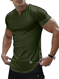 PLEPAN Muscle Shirts for Men Slim T Shirt V-Neck Hip Hop Longline Henley Shirt Short Sleeve Gym Workout Athletic Tee Shirts, Army Green, Large