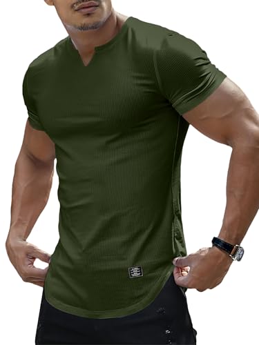 PLEPAN Muscle Shirts for Men Slim T Shirt V-Neck Hip Hop Longline Henley Shirt Short Sleeve Gym Workout Athletic Tee Shirts, Army Green, Large