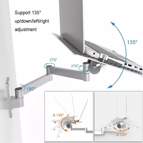Soporte de pared ajustable para laptop, bandeja de movimiento completo con bandeja para mouse y plataforma de refrigeración ventilada, soporta hasta 8 kg para oficina y estación de trabajo