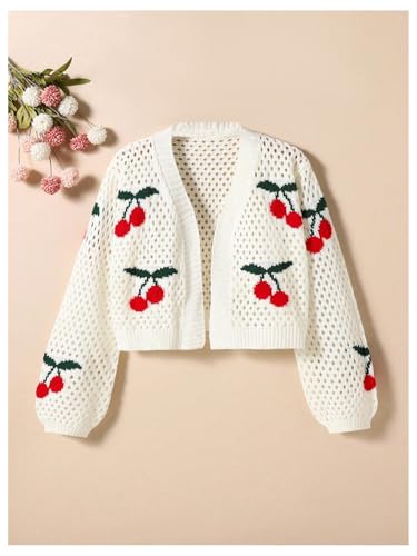 OYOANGLE Girl's Hollow Out Crochet Cardigan Sweater Cherry Embroidery Open Front Lightweight Knit Shrugs3