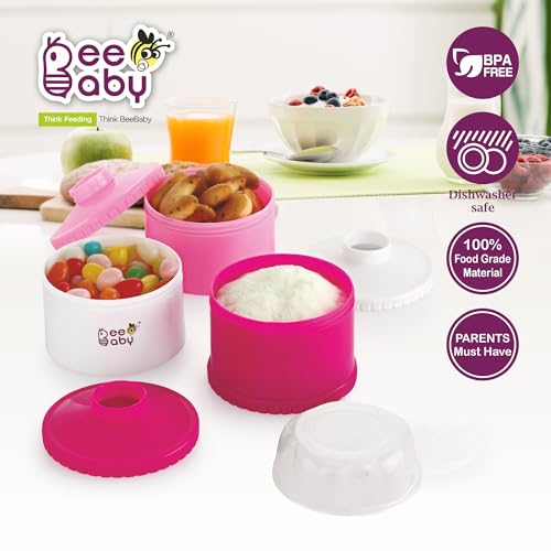 Image of BEEBABY Store and Feed Stackable Milk Powder Container. 3 Layer Multi-Storage, Multi-Functional Food and Milk Dispenser. 100% Bpa Free, Travel Friendly. 0 Months+ (Pink)