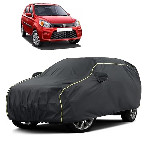 Image of Sulfar 100% Water Resistant Car Body Cover Compatible with Mirror for Maruti Suzuki Alto (Triple Stitched, Full Bottom Elastic, Dark Grey Taffeta with Yellow Piping)