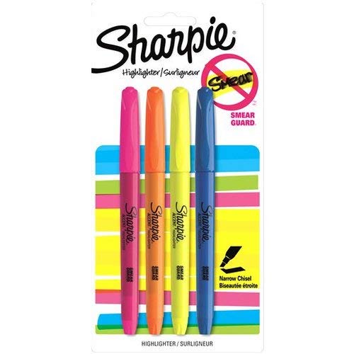 Sharpie Pocket Highlighter  Smear Safe Ink  Chisel Tip - 3 Varying Colors  Great Gift for Journaling, Highlighting and Studying - 4-pack
