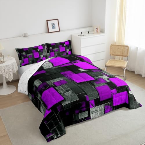Image of Feelyou Kids Purple Black Comforter Set King Size, Geometric Grid Bedding Set Geometrics Comforter for Kids Boys Girls Abstract Art Duvet Insert Room Decor Microfiber Bed Set