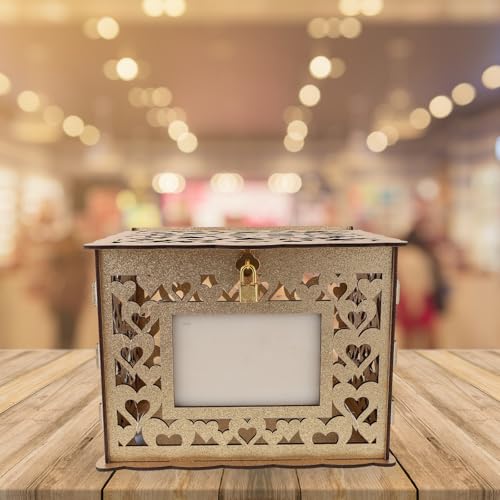 Caja para tarjetas de boda dorada con estructura metálica y base de madera 8