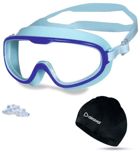 Image of AIRAVAT Shore swimming goggles, polycarbonate goggles, No Leaking Anti-Fog Pool Goggles for Adult Men Women Youth, UV Protection, 180 Clear Vision, Free size (Blue Combo)