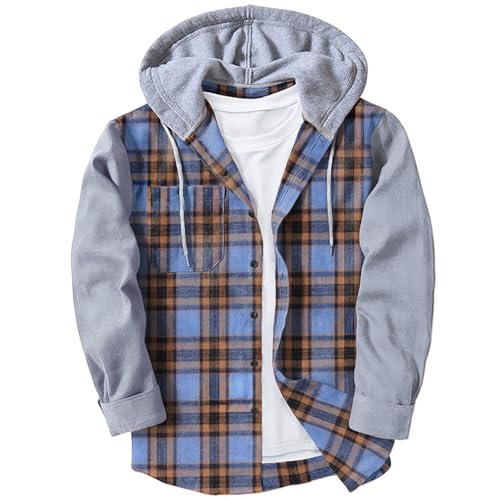 Camisa de franela con capucha para hombre, estilo casual a cuadros, chaqueta de manga larga, elegante diseño con capucha y bolsillo con solapa para artículos esenciales, azul, XL