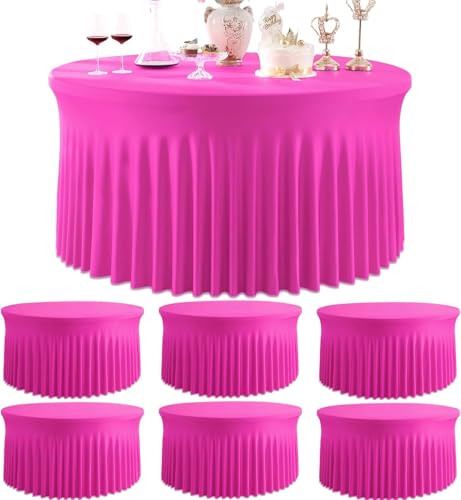 Outpain 6 Pack Hot Pink Spandex Round Tablecloths for 72 inch Table, Stretchy 132inch Fitted 6FT Round Table Cloths, Wrinkle Free Table Cover with Skirt for Wedding Party Dining Banquet