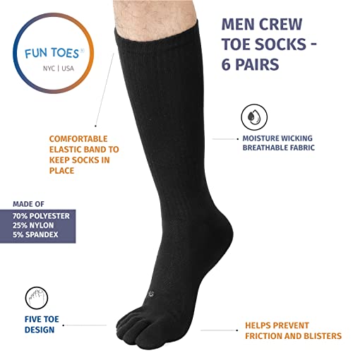 FUN TOES Men Crew Toe Socks Athletic Running - Proper Toe Alignment - Breathable Mesh Top - Value 6 Pairs Pack size 6-123