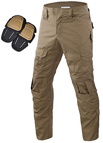 Uugood Pantalon Camouflage Homme, Pantalon Tactique pour Homme avec Genouillères Pantalon Cargo Militaire Pantalon Sport pour Chasse Paintball Randonnée Airsoft (Kaki, XXL) Cover