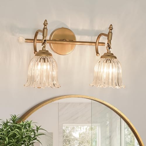Image of CVKASH 2-Light Bathroom Vanity Light Fixtures Over Mirror,Brushed Gold Modern Vanity Light with Glass Shade Vintage Wall Sconce for Bedroom Dressing Room Living Room Hallway Cabinet