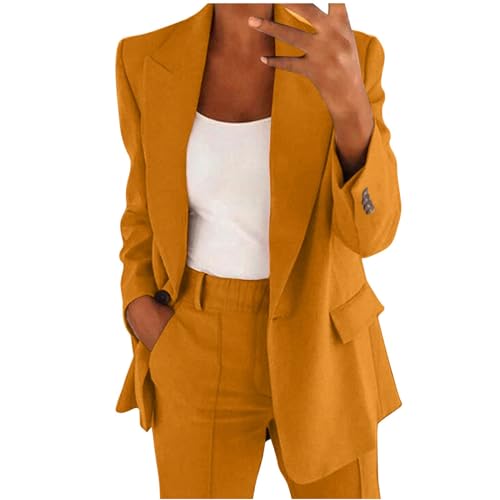 Damen Hosenanzug Elegant Business Anzuug Slim Fit Set Einfarbig Streetwear Freizeitanzug Sportlich Anzughose Streetwear Freizeitanzug Sportlich Lange Zweiteiler Langarm Business Outfit (Orange-C, L)