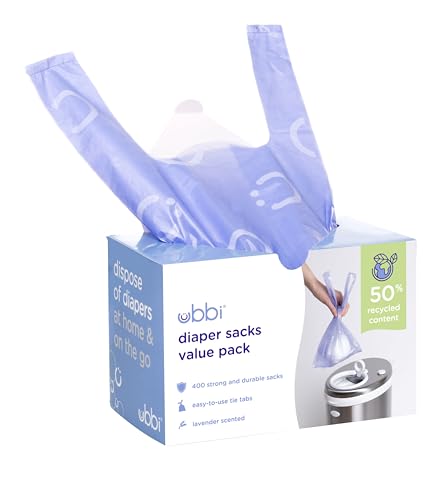 Ubbi Disposable Nappy Sacks, Lavender Scented, Easy-To-Tie Tabs, Baby Nappy Disposal, 400 Count