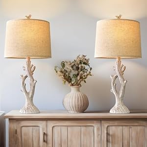 OYEARS Farmhouse Table Lamps Set of 2 for Living Room Bedroom Bedside Tree Lamp Nightstand End Table 25″ Lamps Vintage Natural Style