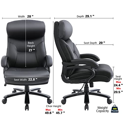 Bowthy Big And Tall Office Chair 400 Lbs Wide Seat - Extra Executive Office Chair, Heavy Duty Metal Base, Computer Swivel Chair Large Size Bonded Leather Ergonomic Executive Desk Chair (Black) #TOP2