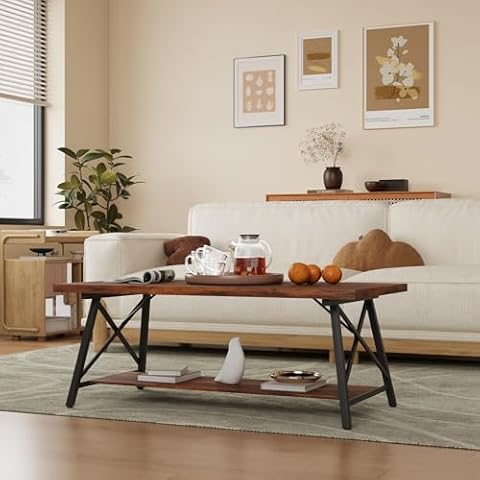 YOURLITE Rustic Coffee Table for Living Room, Industrial Sturdy Wood and Metal Cocktail Table with Open Storage Shelf, 45 inch Brown Cover