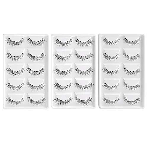 Fake Nature Eyelashes, FFLEMON 15 Pairs False Eyelashes, 3 Styles Multi pack in bulk, Super Nature Soft Invisible Stem Lashes, Reusable (W15-1)
