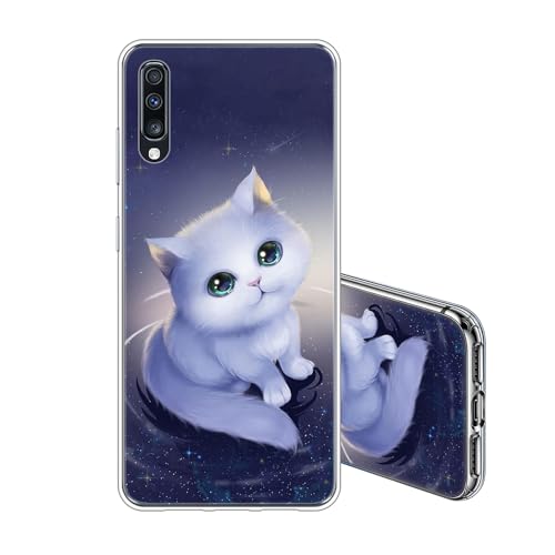 JEZSTHAI Funda Compatible con Samsung Galaxy A70 Carcasa Silicona Transparente Suave Antichoque TPU Bumper Protectora Tapa Trasera,Gato Blanco Dibujos Aesthetic Cover