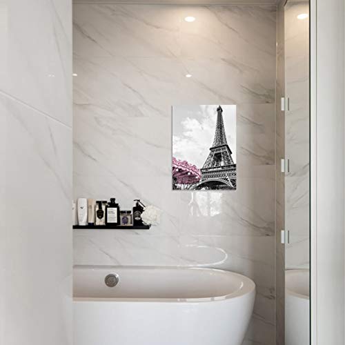 Paris Eiffel Tower Wall Decor For Girls Bedroom Black And White Bathroom Pictures Wall Decor Artwork For Walls Modern Home Art Pink Paris Themed Room Decor Canvas Framed Art Wall Decoration Size 12X16 #TOP6