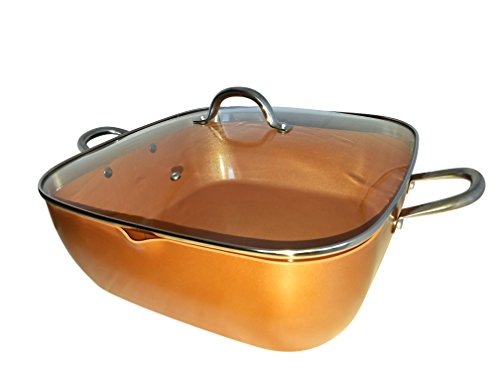 Copper Pan XL Jumbo 14-Inch Deep Square Pan 12 Qt Tempered Glass Lid Induction Base Pour Spout Dishwasher Safe
