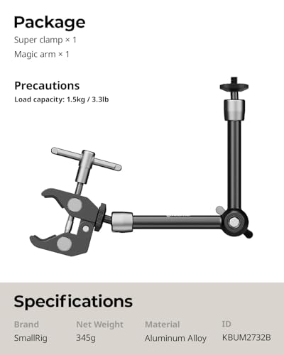 SMALLRIG Clamp w/ 1/4" and 3/8" Thread and 9.8 Inches Adjustable Friction Power Articulating Magic Arm with 1/4" Thread Screw for LCD Monitor/LED Lights - KBUM2732B