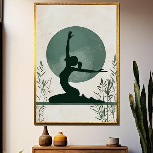 Art mural de méditation avec silhouette et soleil vert, toile grand format