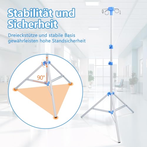FAMJOALE Klappbarer IV-Polenständer mit 4 Haken, verstellbarer Höhe IV-Ständer, Stativ IV-Polenständer für Heimpflege, Krankenhäuser, Kliniken und Reisen (weiß)