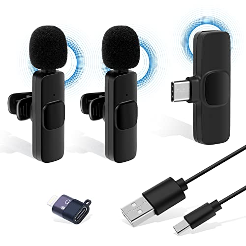 Wireless Lavalier Microphones Compatible with iPhone, Android, Plug-Play, Wireless Microphones with Noise Reduction, Auto-syncs, Lapel Microphone for TikTok, YouTube, Facebook Live Stream, Recording