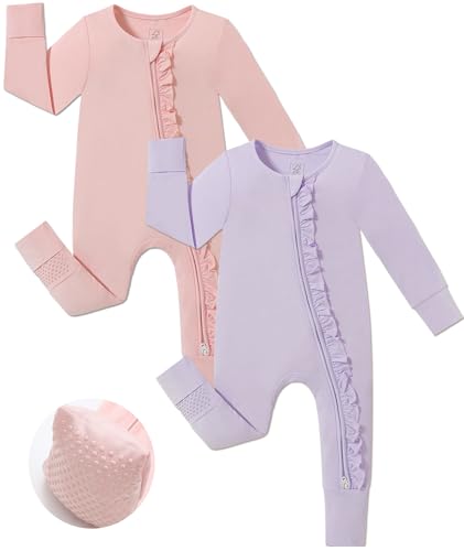 Image of JunNeng Baby Girl Viscose from Bamboo Sleeper with Mitten Cuffs, 2 Way Zipper Romper, Sleep N' Play Pajamas 0-18 Months