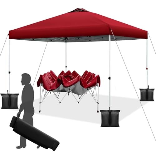 WEIZE 10x10 pop up Canopy Tent, One-Button Push Setup, Adjustable Height pop up Gazebo, Instant Portable Shelter, 4 Weight Bags, Sun Shade for Events & Camping, Silver Coated Top, Red