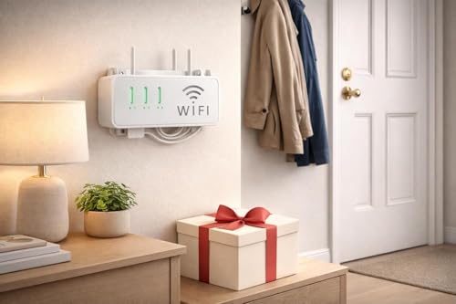 Image of WiFi Router Wall Mount Holder | No Drill Self Adhesive Shelf | Cable Organizer Stand for Router, Set Top Box & Remote | Space Saving Wall Shelf for Home & Office | WHITE ( PACK OF 1 )