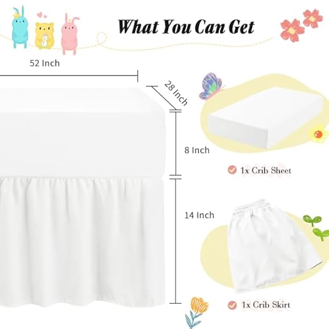 Horbaunal 2 Pack Crib Skirt & Crib Bed Sheet Set, White Crib Bed Skirt 28 x 52 with 14 Drop Dust Ruffle, Soft Microfiber Toddler Bedskirt Nursery Bedding Skirt for Baby Girls and Boys