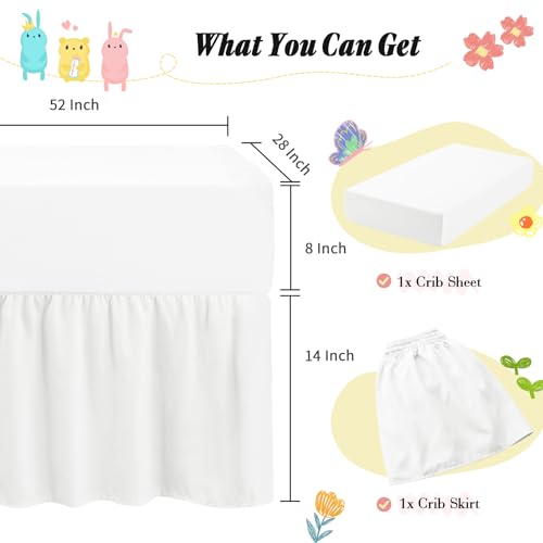 Image of Horbaunal 2 Pack Crib Skirt & Crib Bed Sheet Set, White Crib Bed Skirt 28 inch x 52 inch with 14 inch Drop Dust Ruffle, Soft Microfiber Toddler Bedskirt Nursery Bedding Skirt for Baby Girls and Boys