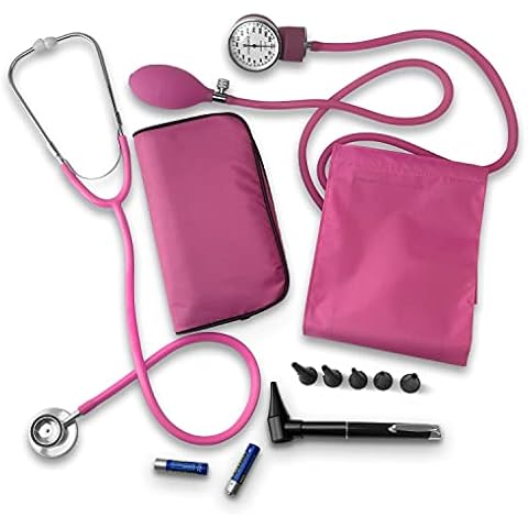 EMS XTRM Nurse Essentials Kit with Travel Case - Includes Sphygmomanometer, Stethoscope, Mini Otoscope - Pink Cover