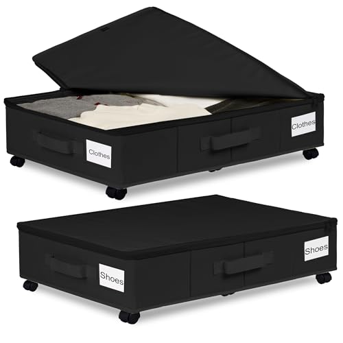 2 Pcs Under Bed Storage with Wheels, Large Under Bed Storage, Clothes Drawer with Lid and Handles, for Bedroom, Desk, Closet (Black)