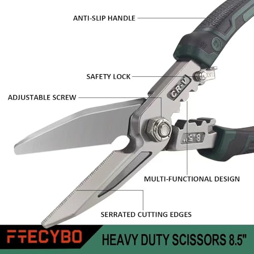 Image of Heavy Duty Industrial Scissors 8.5'', Utility Sharp Aviation Tin Snips, Finely Serrated CR-V Blades with Safety Lock, for Cutting Wires, Cardboard, Plastic, Carpet, Metal Sheet