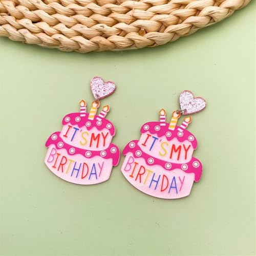 Cute Heart Birthday Cake Dangle Drop Earrings for Women Pink Glitter Acrylic It's My Birthday Letter Colorful Lightweight Statement Dangling Hanging Sweet Celebration Holiday Party Y2k Jewelry2