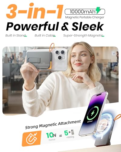 Image of for Magsafe Power Bank, Magnetic Portable Charger with Stand, 10000mAh Wireless Battery Pack Fast Charging with Built in Cable(USB C), Powerbank for iPhone17 /16 /15 /14 /13 /12 Travel & Daily, White