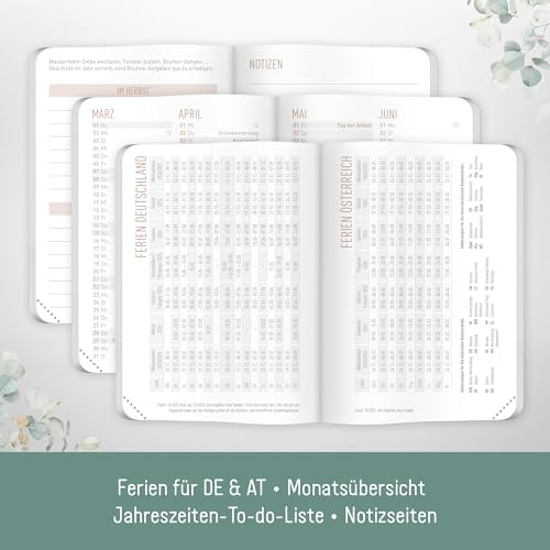 Häfft® Taschenkalender 2026 klein A7 Minty Leaves Wochenkalender mit Feiertagen DE/AT, Monats- & Ferienübersicht, To-do & Notizseiten, 128 Seiten