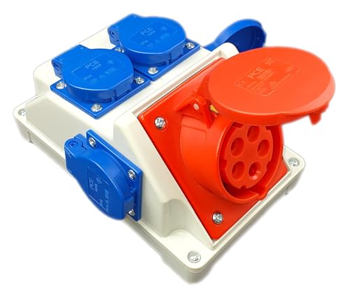 RoadEu - Steckdosenverteiler - CEE Steckdose 16A mit 4x Schuko 230V. Stromverteiler IP44 Für den Innen- und Außeneinsatz Baustromverteiler 16A. Ausschließlich Europäische Komponenten.