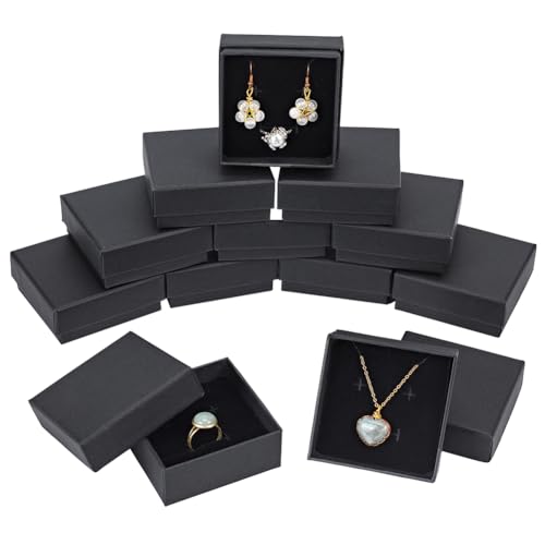 BENECREAT 12 Pack Negra Caja de Joya Caja de Cartón Craft con Almohadilla de Terciopelo Elegante para Presentación de Anillo Pendientes Collar 7.3x7.3x3cm