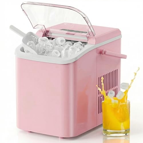 NEWBULIG Ice Makers Countertop with Handle Portable Ice Machine 9 Bullet Ice Cubes in 6 Mins 26lbs in 24Hrs Auto-Cleaning with Basket and Scoop for Home Kitchen RV Camping Pink