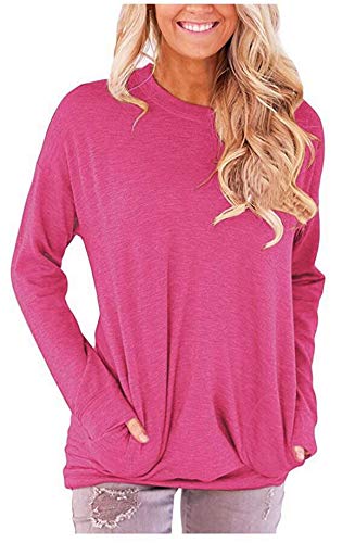 onlypuff Pocket Shirts for Women Long Sleeve Tops Casual Cute Fashion Tunic Tops Ladies Blouse Rose M - Thumbnail 2