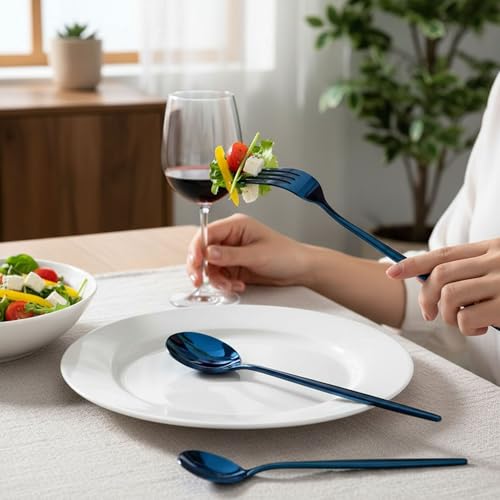 Image of 16 Pcs Blue Slim Handle Stainless Steel Cutlery Set for Dining Table with Spoons and Forks Set + Butterknives - The Perfect Tableware /Flatware