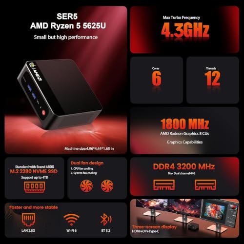Image of Beelink Mini PC, SER5 Pro 5625U AMD Ryzen 5 (Up to 4.3GHz) 16GB DDR4 480GB M.2 SSD Mini Desktop Computer, 2.5Gbps LAN, Wifi6 /BT5.4,HDMI /DP /Type-c /4K Triple Display Micro PC