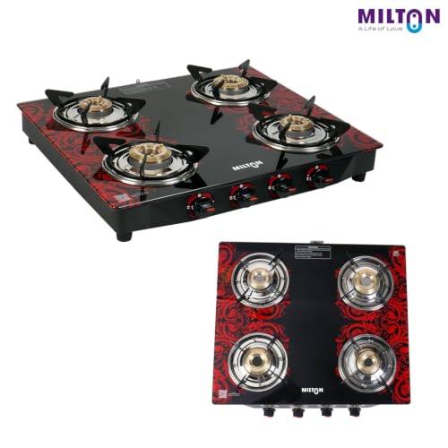 Image of MILTON Premium Red Manual Ignition Glass Top Gas Stove, (ISI Certified) (4 Burner)