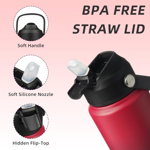 Image of BJPKPK Water Bottle with Straw Lid, 24oz Vacuum Insulated Water Bottles, Metal Stainless Steel Thermo for Sports, Travel, BPA Free Leak Proof Thermo, Cups, Flasks, Tumblers,Charming Red